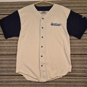ABBOTT & CASTELLO Whos On First Beige Navy USA Cotton L Mens Baseball Jersey VTG